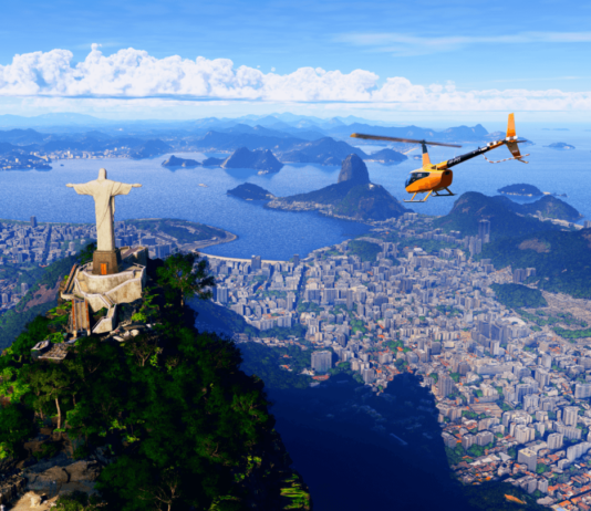 Microsoft Flight Simulator Unveils World Update XIX: South America An orange helicopter flies above Rio de Janeiro.