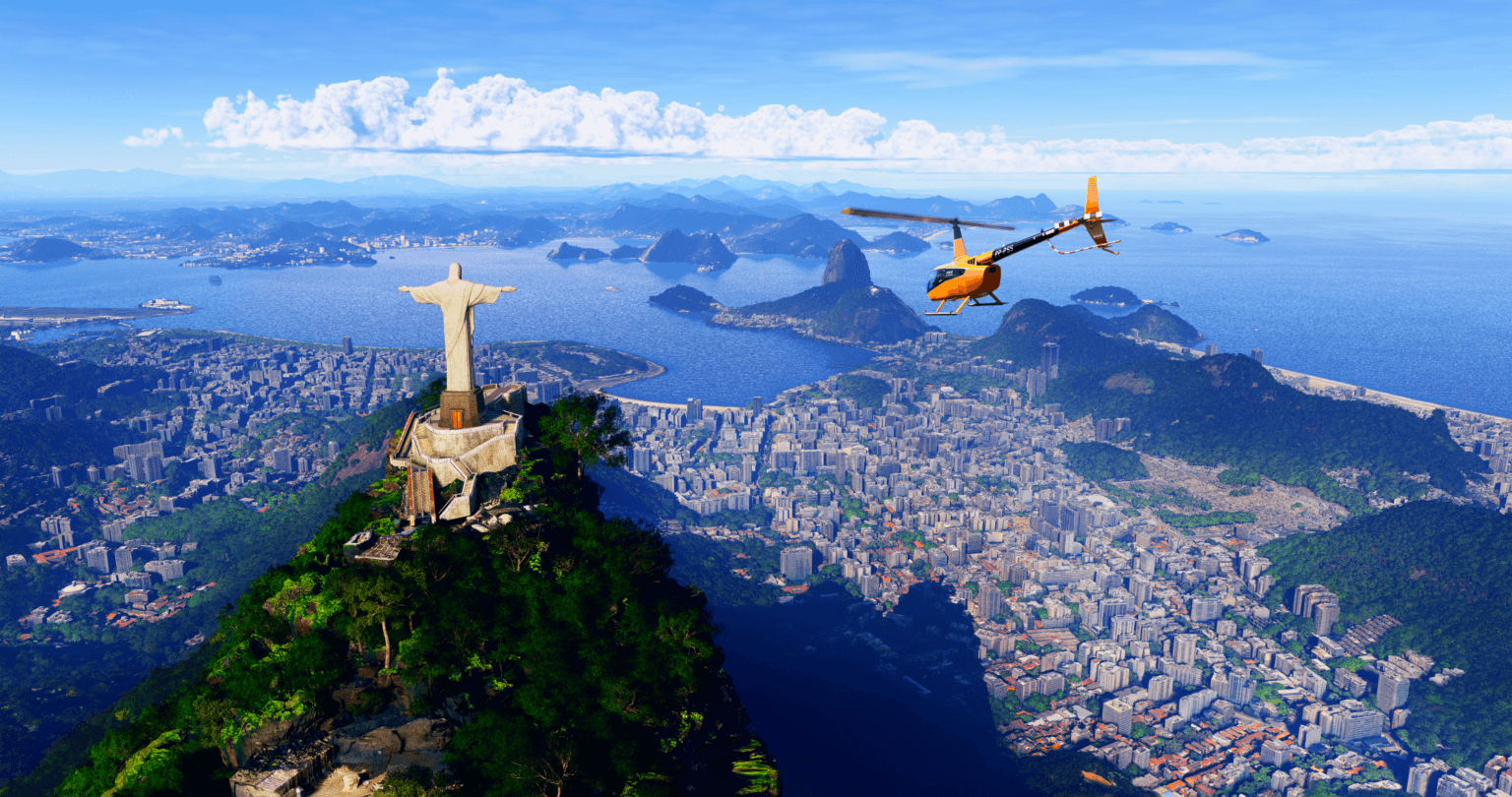 An orange helicopter flies above Rio de Janeiro.