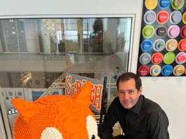 Mark SubbaRao Transforms NASA Data into Artistic Creations A man with dark hair kneels next to a large LEGO sculpture of an orange and white cartoon cat.