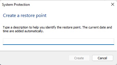 Type a description for creating a restore point