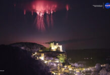 h3 tag: NASA Captures Sprites Above Château de Beynac Red streaks branch out high in the sky above a city lit up at night.