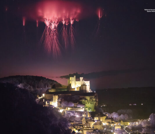 h3 tag: NASA Captures Sprites Above Château de Beynac Red streaks branch out high in the sky above a city lit up at night.