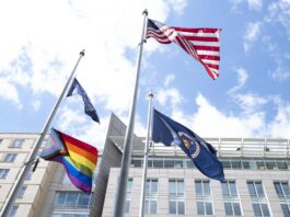 NASA Invites Fresh Concepts Through New Procurement Strategy The Progress Pride flag is seen flying at the Mary W. Jackson NASA Headquarters Building, June 9, 2022, in Washington.