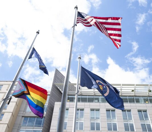 NASA Invites Fresh Concepts Through New Procurement Strategy The Progress Pride flag is seen flying at the Mary W. Jackson NASA Headquarters Building, June 9, 2022, in Washington.