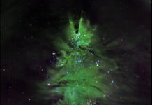 NASA Reaches New Heights with Shining Star Mission Wispy green clouds in a conical shape strongly resemble an evergreen tree. Tiny specks of white, blue, purple, and red light, stars within the cluster, dot the structure, turning the cloud into a festive, cosmic Christmas tree.