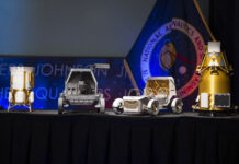 NASA Updates on Rovers, Lunar Modules, and Lunar Base Missions Current image: From left to right, models of the Blue Origin Mark 1 Lunar Lander, Astrolab Crewed Lunar Rover, Lunar Outpost Pegasus rover, and the Firely Elytra Dark orbiter are seen at the conclusion of a news conference to discuss Moon Base, a long-term lunar exploration and infrastructure initiative designed to enable sustained human presence and expanded scientific and commercial activity at the lunar South Pole, Tuesday, May 26, 2026, at the Mary W. Jackson NASA Headquarters building in Washington. Photo Credit: (NASA/Aubrey Gemignani)