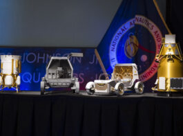 NASA Updates on Rovers, Lunar Modules, and Lunar Base Missions Current image: From left to right, models of the Blue Origin Mark 1 Lunar Lander, Astrolab Crewed Lunar Rover, Lunar Outpost Pegasus rover, and the Firely Elytra Dark orbiter are seen at the conclusion of a news conference to discuss Moon Base, a long-term lunar exploration and infrastructure initiative designed to enable sustained human presence and expanded scientific and commercial activity at the lunar South Pole, Tuesday, May 26, 2026, at the Mary W. Jackson NASA Headquarters building in Washington. Photo Credit: (NASA/Aubrey Gemignani)