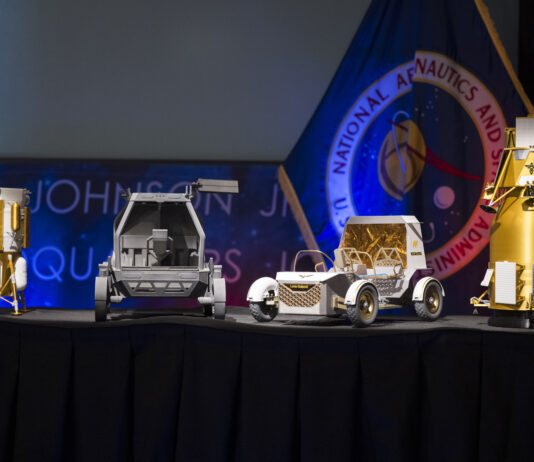 NASA Updates on Rovers, Lunar Modules, and Lunar Base Missions Current image: From left to right, models of the Blue Origin Mark 1 Lunar Lander, Astrolab Crewed Lunar Rover, Lunar Outpost Pegasus rover, and the Firely Elytra Dark orbiter are seen at the conclusion of a news conference to discuss Moon Base, a long-term lunar exploration and infrastructure initiative designed to enable sustained human presence and expanded scientific and commercial activity at the lunar South Pole, Tuesday, May 26, 2026, at the Mary W. Jackson NASA Headquarters building in Washington. Photo Credit: (NASA/Aubrey Gemignani)