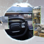 Industrial AI and Digital Twins Boost Design and Manufacturing Efficiency. Into the Omniverse imagery with an egocentric car view and industrial factories.