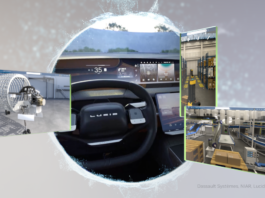 Industrial AI and Digital Twins Boost Design and Manufacturing Efficiency. Into the Omniverse imagery with an egocentric car view and industrial factories.