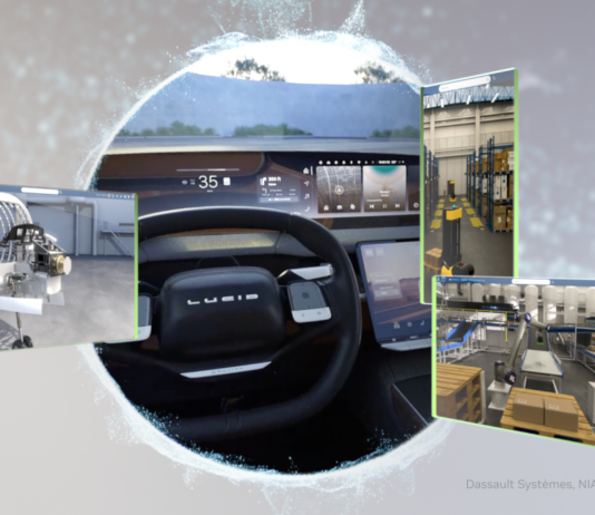 Industrial AI and Digital Twins Boost Design and Manufacturing Efficiency. Into the Omniverse imagery with an egocentric car view and industrial factories.