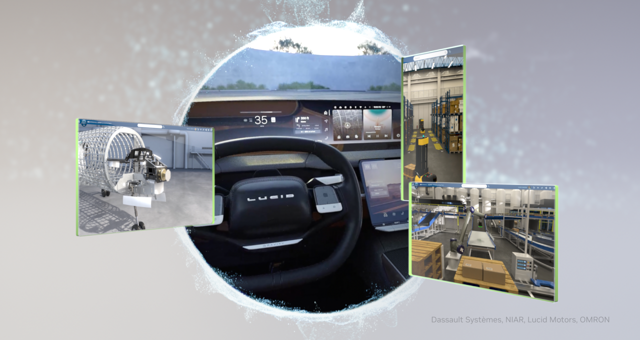 Into the Omniverse imagery with an egocentric car view and industrial factories.