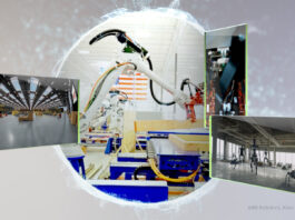 NVIDIA GTC highlights virtual worlds driving the era of AI. Key visual showcasing partner robots in action running and working on an assembly line.