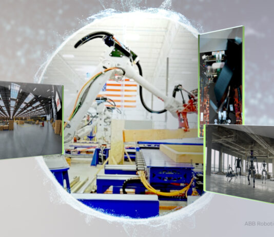NVIDIA GTC highlights virtual worlds driving the era of AI. Key visual showcasing partner robots in action running and working on an assembly line.