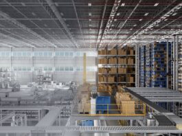 NVIDIA Introduces Massive Omniverse Plan for Industrial Robot Digital Twins Side by side shot of a clay-like virtual facility on the left containing tall racks and boxes and the fully rendered version on the right.