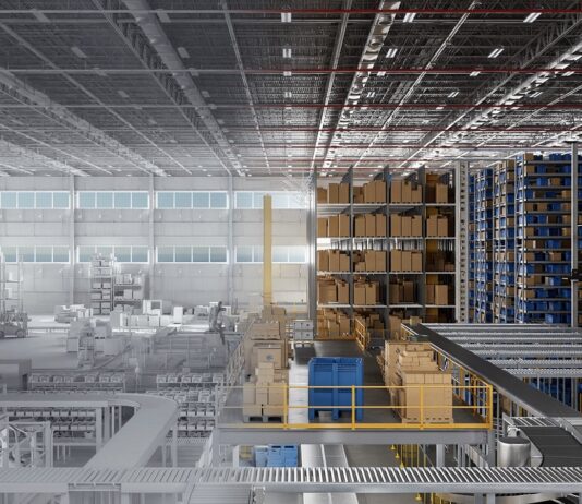 NVIDIA Introduces Massive Omniverse Plan for Industrial Robot Digital Twins Side by side shot of a clay-like virtual facility on the left containing tall racks and boxes and the fully rendered version on the right.