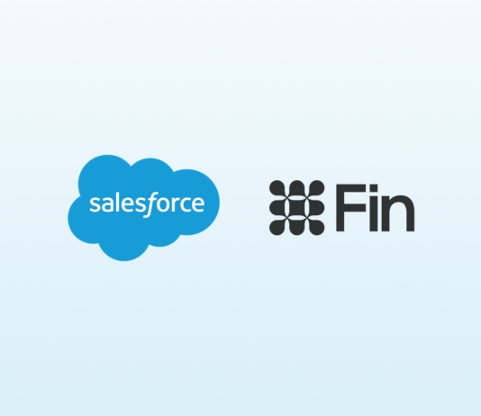 Salesforce Agrees to Acquire Fin in Strategic Move for Growth Salesforce and Fin company logos on a light blue gradient background.