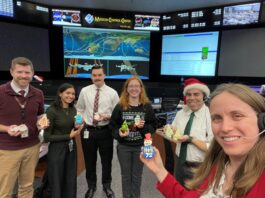 NASA’s Holiday Cookies: A Sweet Mission from Houston Six flight controllers stand in Johnson Space Center