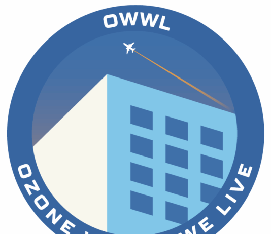 Californians: Join NASA’s Ozone Pollution Study by Flying! The Ozone Where We Live project logo, which shows a sunlit multi-story building with a small aircraft flying over it leaving a yellow contrail in a blue sky. In white letters on a blue field circling the image are the words “OWWL Ozone Where We Live.”