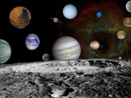 NASA’s Archived Data Boosts Science with New Insights This solar system montage of the nine planets and four large moons of Jupiter in our solar system are set against a false-color view of the Rosette Nebula.