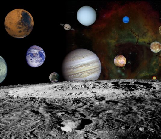 NASA’s Archived Data Boosts Science with New Insights This solar system montage of the nine planets and four large moons of Jupiter in our solar system are set against a false-color view of the Rosette Nebula.