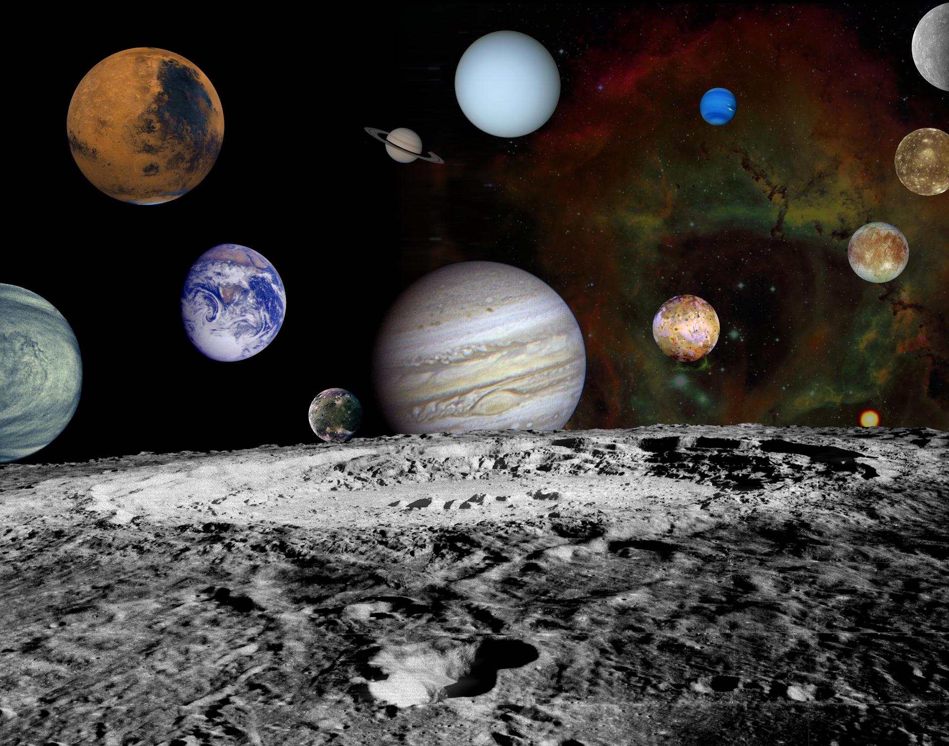 pia02973large.jpg This solar system montage of the nine planets and four large moons of Jupiter in our solar system are set against a false-color view of the Rosette Nebula.