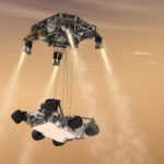 Curiosity’s Sky Crane: Revolutionizing NASA’s Mars Exploration Approach An artist’s concept of the 2012 Mars Curiosity Landing using the skycrane maneuver, with the rover hanging below the hovering spacecraft via three nylon tethers.