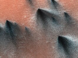 Mars’ Geyser Activity Observed by NASA Gas geysers on Mars blow out dark, triangle-shaped fans of dust and sand onto the red Martian surface.