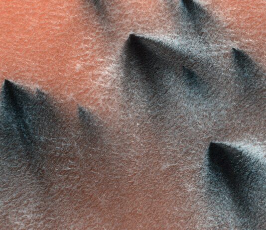 Mars’ Geyser Activity Observed by NASA Gas geysers on Mars blow out dark, triangle-shaped fans of dust and sand onto the red Martian surface.