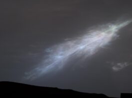 NASA Captures Rainbow-Hued “Feather” Cloud in Mars’ Atmosphere A shining, feather-shaped cloud in the dark gray Martian sky. The cloud is white, with a faint rainbow tint.