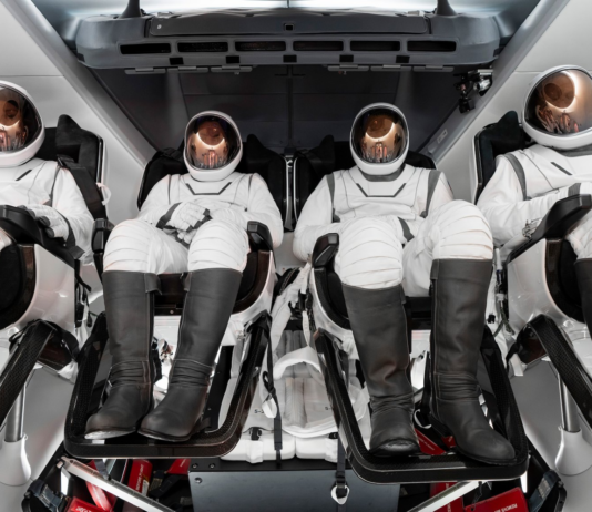 NASA to Pilot Telemedicine, Collect Health Data with Polaris Dawn Crew The four-person crew of the Polaris Dawn mission pictured wearing their SpaceX extravehicular activity suits