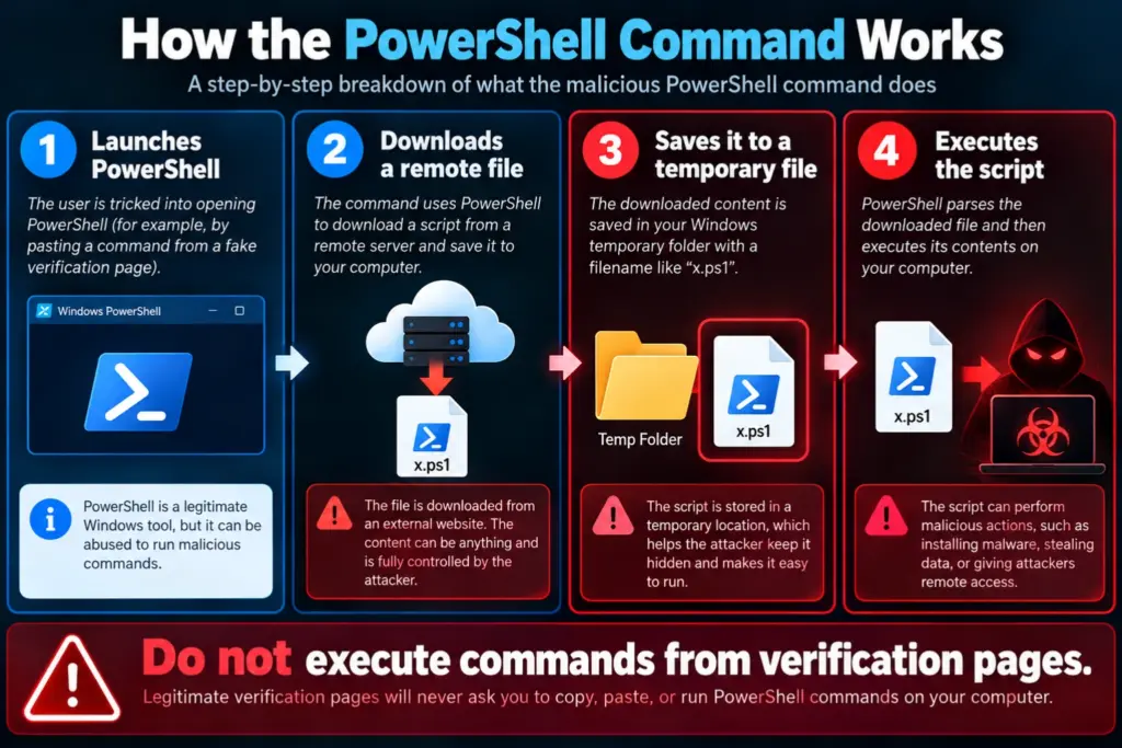 Cybersecurity infographic explaining how PowerShell downloads a remote script, saves it as a temporary file, and executes potentially malicious code.