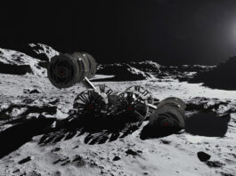NASA and Partners Launch New Moon Autonomy Competition Conceptual graphic of the lunar surface with the sun casting light onto a robotic excavator traversing the rocky regolith.