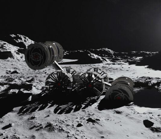 NASA and Partners Launch New Moon Autonomy Competition Conceptual graphic of the lunar surface with the sun casting light onto a robotic excavator traversing the rocky regolith.