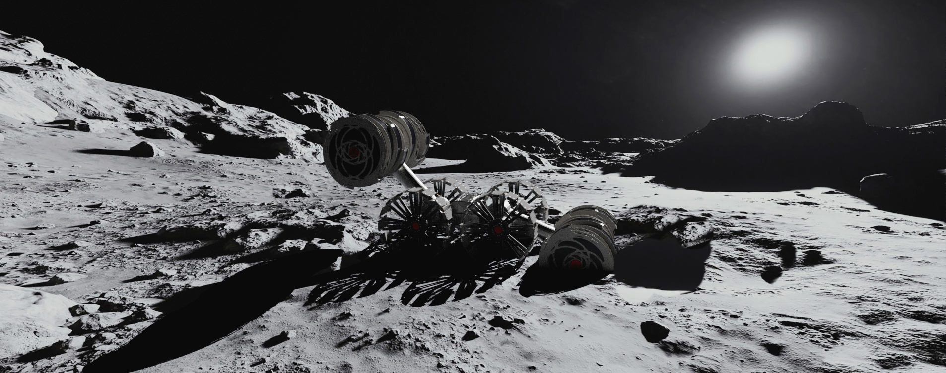 rassor ipex forreview 1.jpg Conceptual graphic of the lunar surface with the sun casting light onto a robotic excavator traversing the rocky regolith.