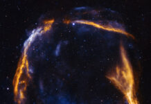 NASA’s new X-Ray Mission studies ancient supernova. NASA’s IXPE observed the outer rim of the supernova remnant highlighted in purple in the inset. Data from IXPE is combined with data from NASA’s Chandra X-ray Observatory and ESA’s XMM-Newton. The yellow represents low-energy X-rays, while blue shows high-energy X-rays detected by Chandra and XMM-Newton. The starfield in the image comes from the National Science Foundation’s National Optical-Infrared Astronomy Research Laboratory (NOILab).