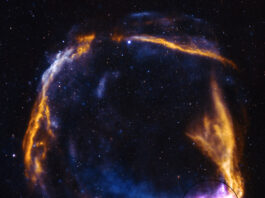NASA’s new X-Ray Mission studies ancient supernova. NASA’s IXPE observed the outer rim of the supernova remnant highlighted in purple in the inset. Data from IXPE is combined with data from NASA’s Chandra X-ray Observatory and ESA’s XMM-Newton. The yellow represents low-energy X-rays, while blue shows high-energy X-rays detected by Chandra and XMM-Newton. The starfield in the image comes from the National Science Foundation’s National Optical-Infrared Astronomy Research Laboratory (NOILab).