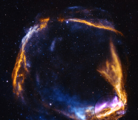 NASA’s new X-Ray Mission studies ancient supernova. NASA’s IXPE observed the outer rim of the supernova remnant highlighted in purple in the inset. Data from IXPE is combined with data from NASA’s Chandra X-ray Observatory and ESA’s XMM-Newton. The yellow represents low-energy X-rays, while blue shows high-energy X-rays detected by Chandra and XMM-Newton. The starfield in the image comes from the National Science Foundation’s National Optical-Infrared Astronomy Research Laboratory (NOILab).