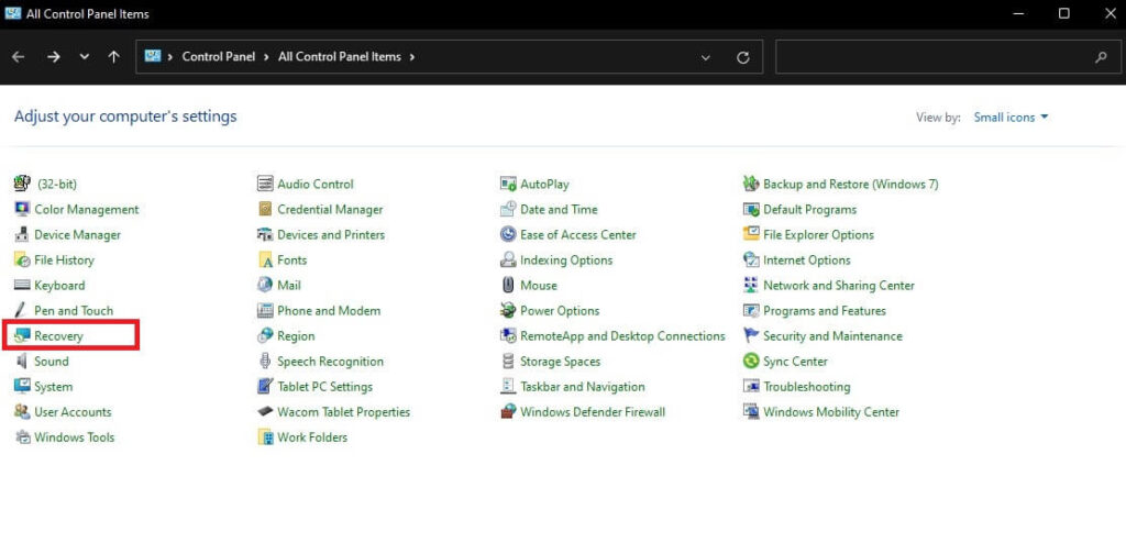 Control panel > recovery