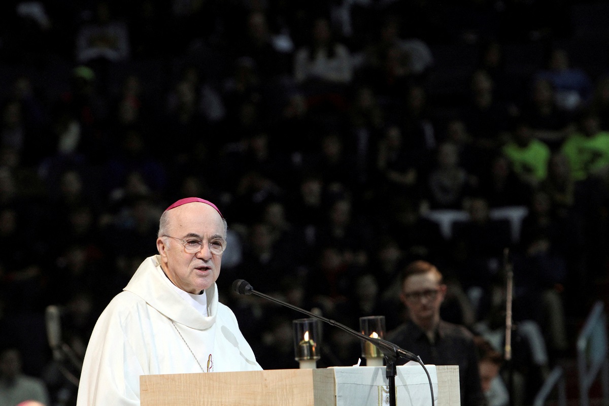 file photo: archbishop carlo maria vigano speaks during a pro life youth mass at the verizon center in washington