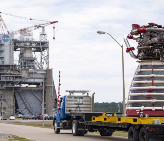 NASA Stennis Installs New RS-25 Engine for Hot Fire new production RS-25 engine arriving at the Fred Haise Test Stand