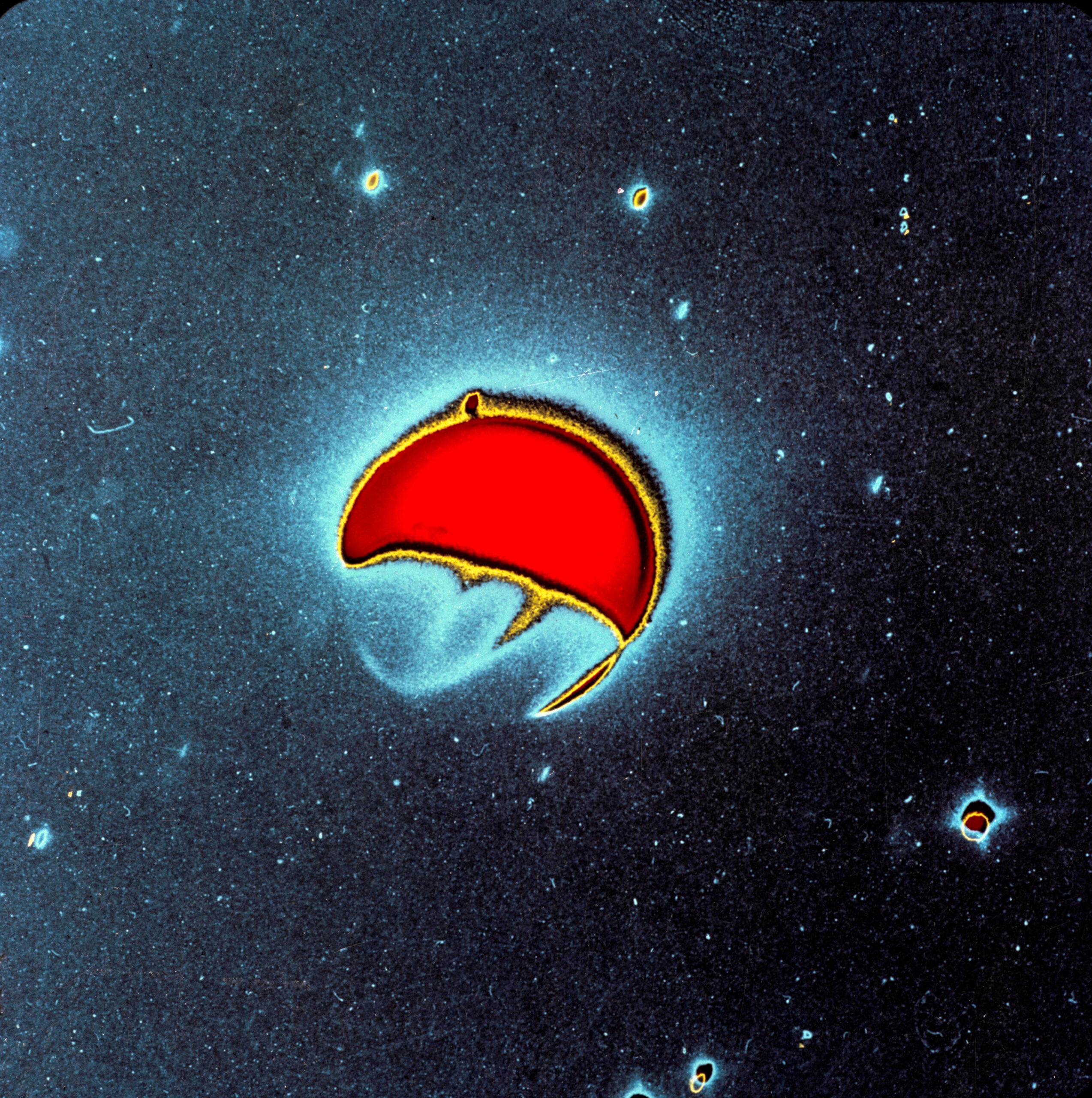 s72 36972orig.jpg In this enhanced-color photo, Earth is represented in shades of aqua blue, red, and yellow. Earth