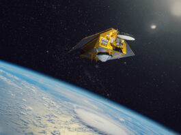 NASA Announces Launch Plans for Global Ocean Monitoring Mission In this artist’s concept, the ocean-observing satellite Sentinel-6B orbits Earth with its deployable solar panels extended.