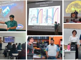NASA Links Astronomers with Community Colleges Nationwide for Science Collaboration Montage of images of scientists during their visits as Shapley Lecturers. A scientist gives a presentation showing images of a spacecraft and the Sun. A scientist talks to a college instructor, and another scientist poses for a photo with an instructor.