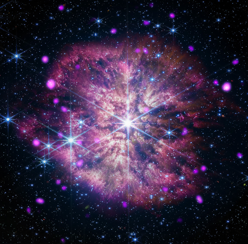 sonify10 wr124.jpg At the center of the composite image of WR124 is the large gleaming star in white and pale blue. The star sits at the heart of a mottled pink and gold cloud, its long diffraction spikes extending to the outer edges. Also residing in the cloud are other large gleaming stars, glowing hot-pink dots, and tiny specks of blue and white light.