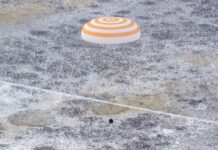 NASA Astronaut Jonny Kim, Team Back from Space Station The Soyuz MS-27 spacecraft is seen as it lands in a remote area near the town of Zhezkazgan, Kazakhstan with Expedition 73 NASA astronaut Jonny Kim, and Roscosmos cosmonauts Sergey Ryzhikov, and Alexey Zubritsky aboard, Tuesday, Dec. 9, 2025. The trio are returning to Earth after logging 245 days in space as members of Expeditions 72 and 73 aboard the International Space Station.