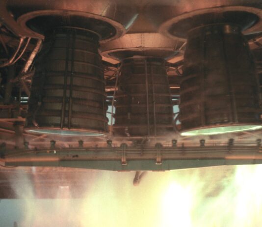 NASA Stennis’ Pivotal Role in Space Shuttle Engine Trials a plume of hot fire of the space shuttle Main Propulsion Test Article in 1979 on the B-2 side of the Thad Cochran Test Stand.