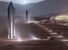 Mars Next and “All Options Considered” Concept art of a Starship launch pads on a Mars base. Credit: SpaceX