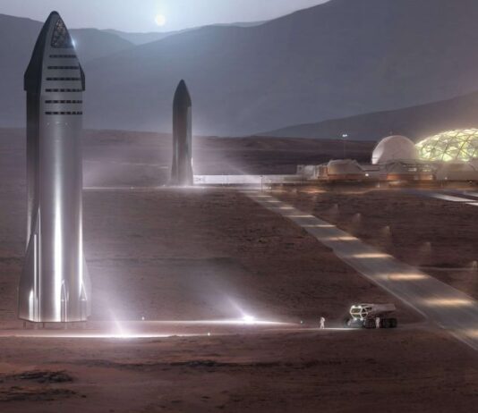 Mars Next and “All Options Considered” Concept art of a Starship launch pads on a Mars base. Credit: SpaceX