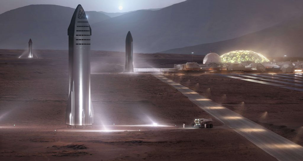 starship mars.jpg Concept art of a Starship launch pads on a Mars base. Credit: SpaceX